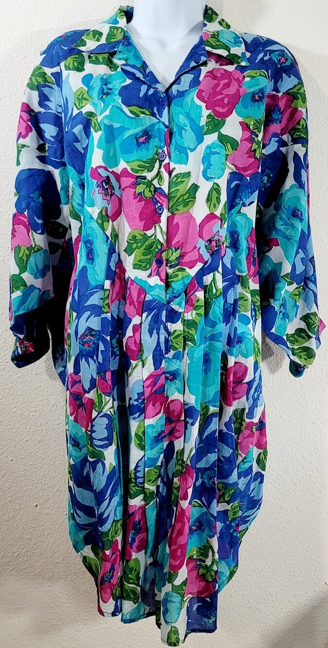 Sita Blue Pink Green Floral Print Button Bodice Pleated Dress Small Lightweight
